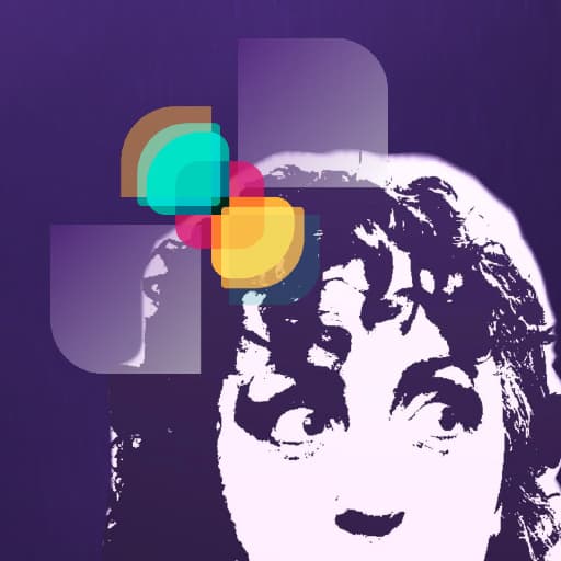 a stylized close-up photo of Naomi's face, cropped beneath her nose with a bowtie graphic affixed to her forehead