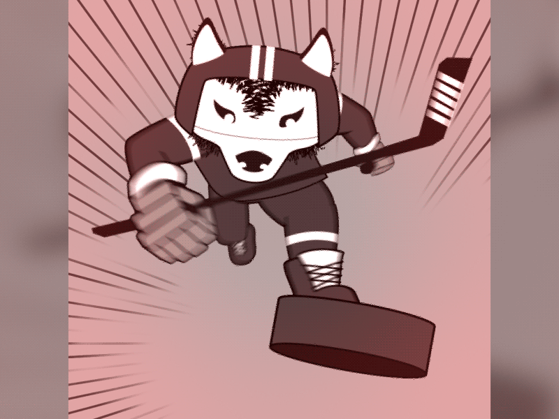 A looping animated gif of an anthropomorphic husky dog skating fast, chasing a hockey puck