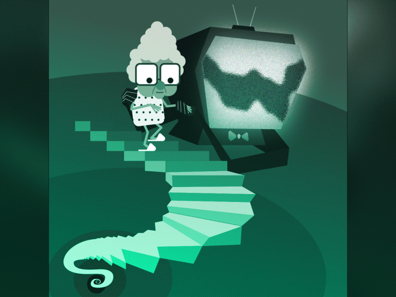 A looping animated gif of a sinister floating television helping an elderly person walk down an endless flight of stairs